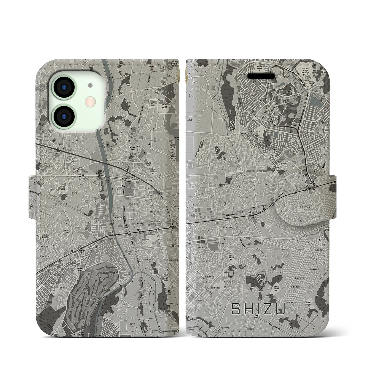 【志津(千葉県)】地図柄iPhoneケース(手帳タイプ)モノトーン・iPhone 12 mini 用