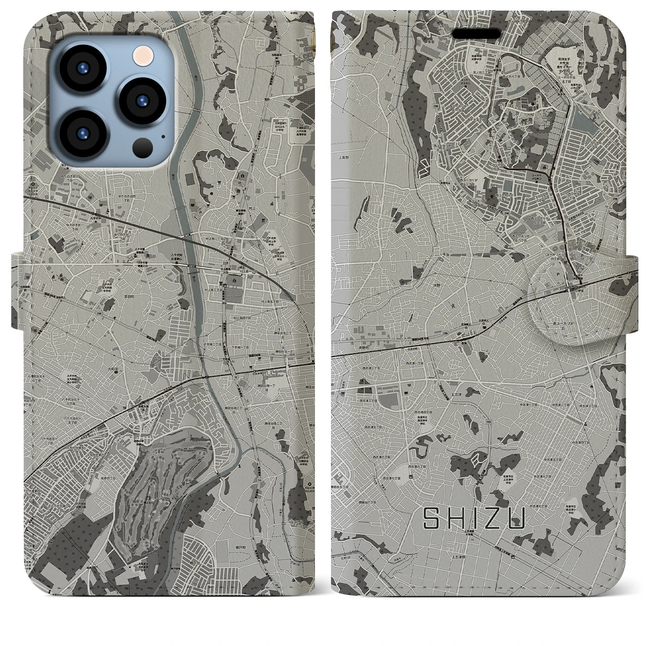 【志津(千葉県)】地図柄iPhoneケース(手帳タイプ)モノトーン・iPhone 13 Pro Max 用