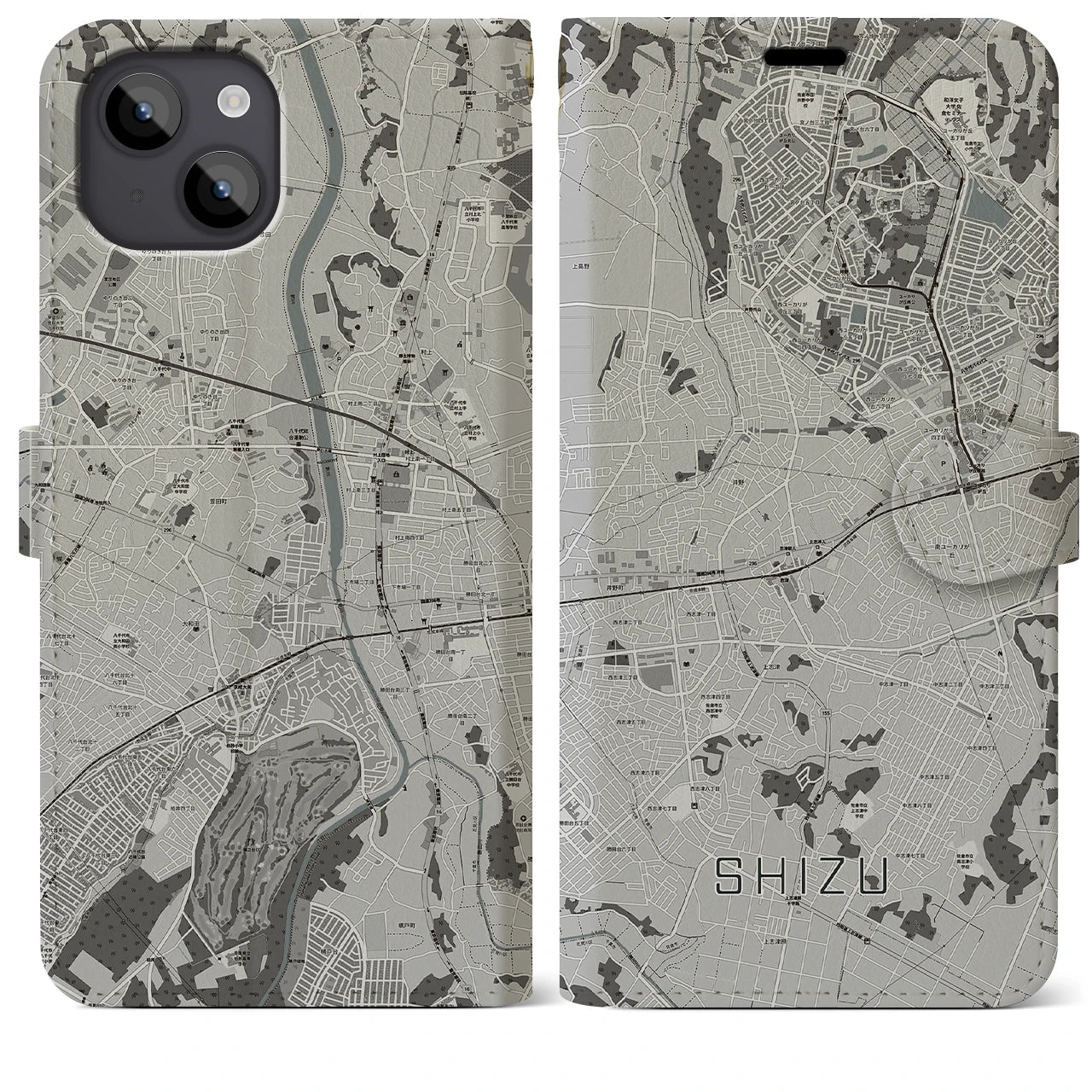 【志津(千葉県)】地図柄iPhoneケース(手帳タイプ)モノトーン・iPhone 14 Plus 用