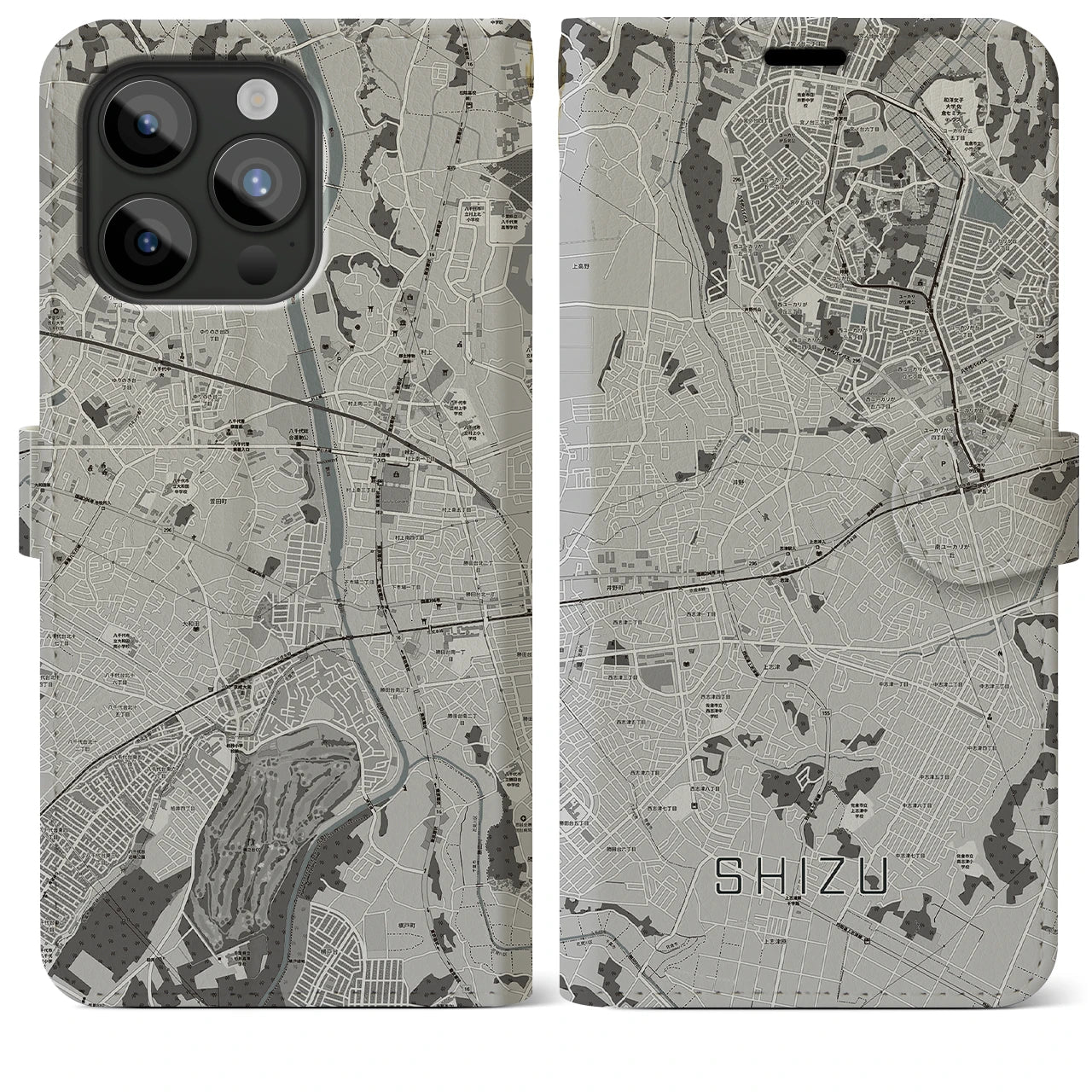 【志津(千葉県)】地図柄iPhoneケース(手帳タイプ)モノトーン・iPhone 15 Pro Max 用