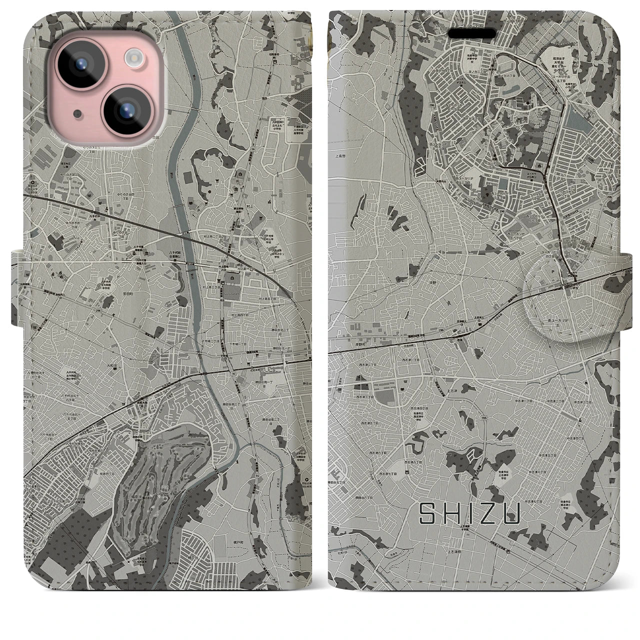 【志津(千葉県)】地図柄iPhoneケース(手帳タイプ)モノトーン・iPhone 15 Plus 用