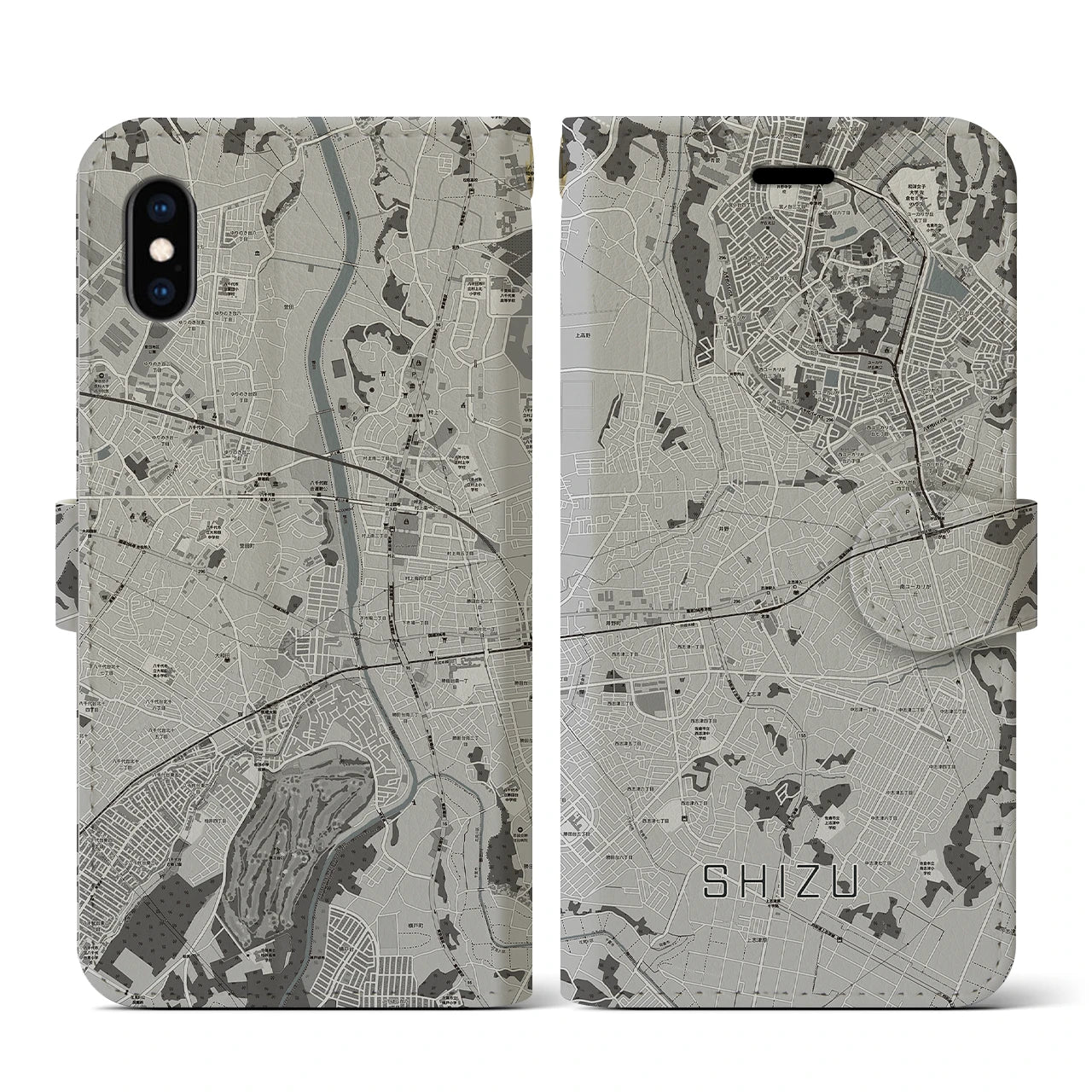 【志津(千葉県)】地図柄iPhoneケース(手帳タイプ)モノトーン・iPhone XS / X 用