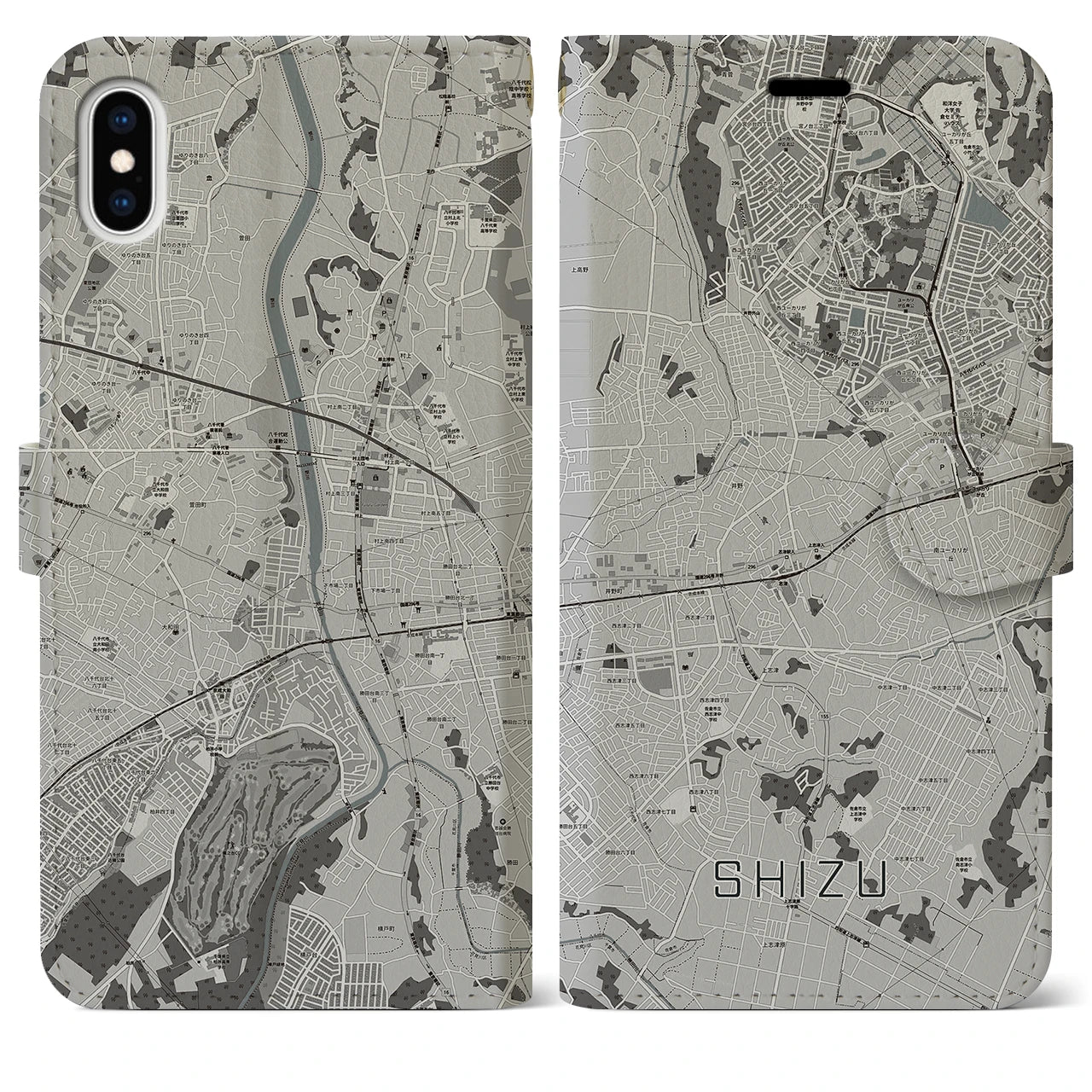 【志津(千葉県)】地図柄iPhoneケース(手帳タイプ)モノトーン・iPhone XS Max 用