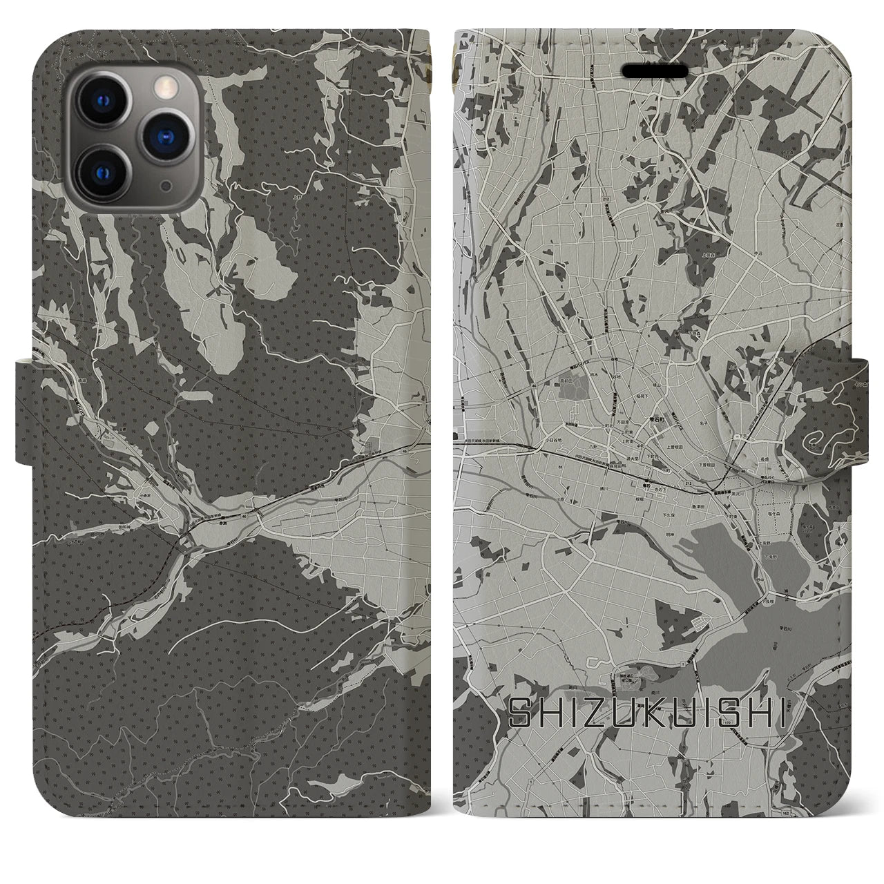 【雫石(岩手県)】地図柄iPhoneケース(手帳タイプ)モノトーン・iPhone 11 Pro Max 用