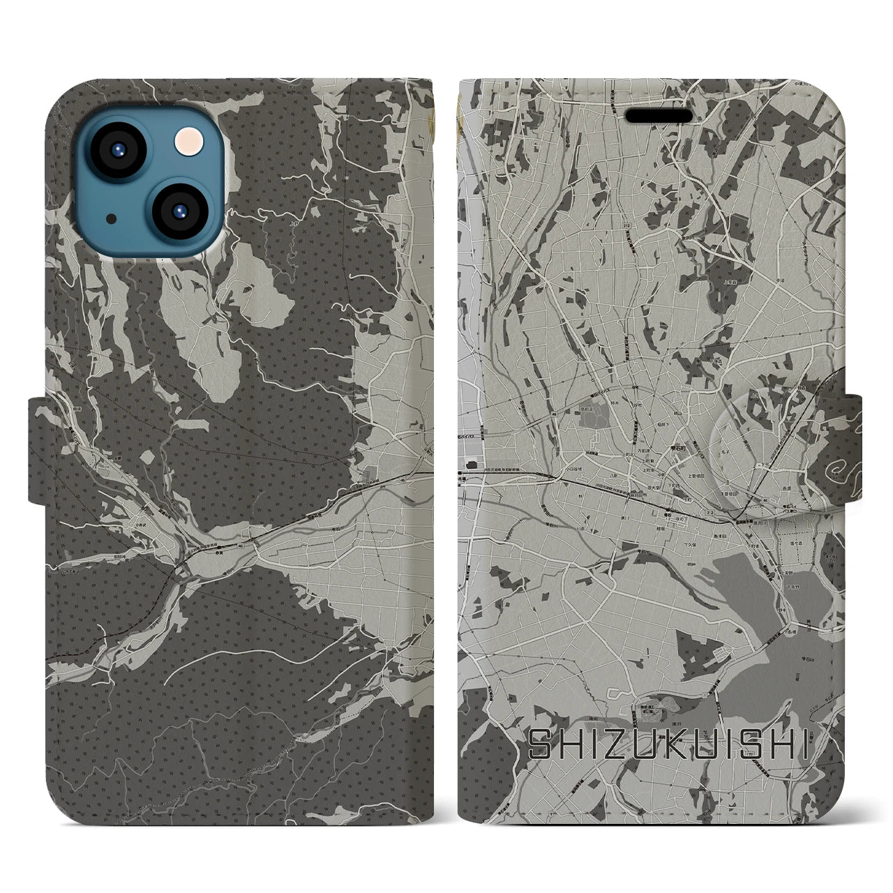 【雫石(岩手県)】地図柄iPhoneケース(手帳タイプ)モノトーン・iPhone 13 用