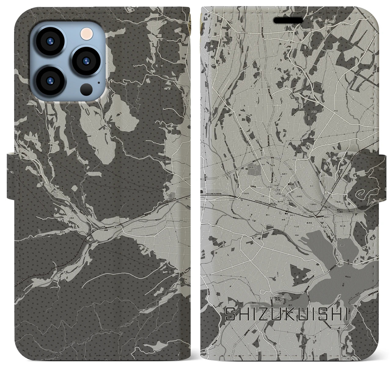 【雫石(岩手県)】地図柄iPhoneケース(手帳タイプ)モノトーン・iPhone 13 Pro Max 用