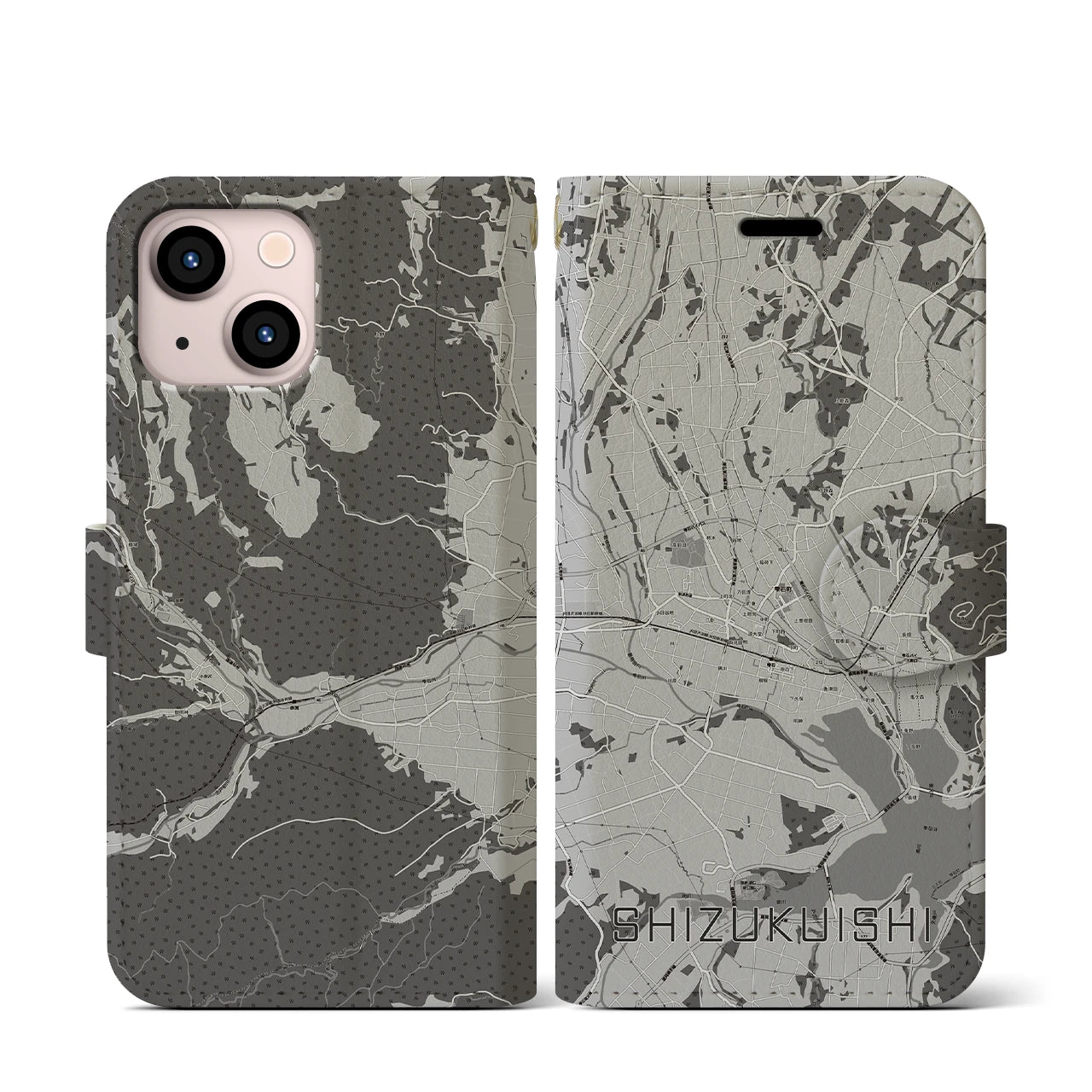 【雫石(岩手県)】地図柄iPhoneケース(手帳タイプ)モノトーン・iPhone 13 mini 用