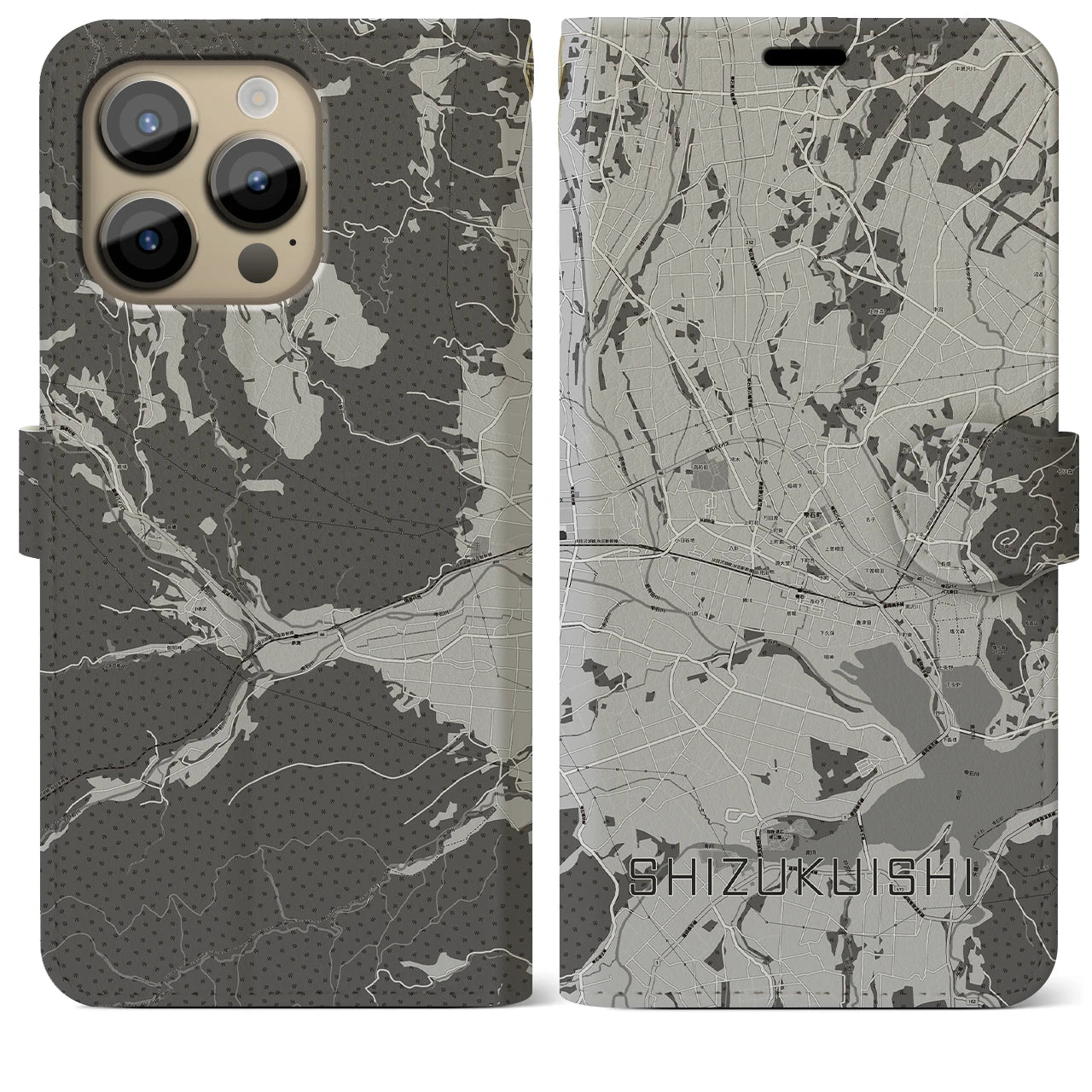 【雫石(岩手県)】地図柄iPhoneケース(手帳タイプ)モノトーン・iPhone 14 Pro Max 用