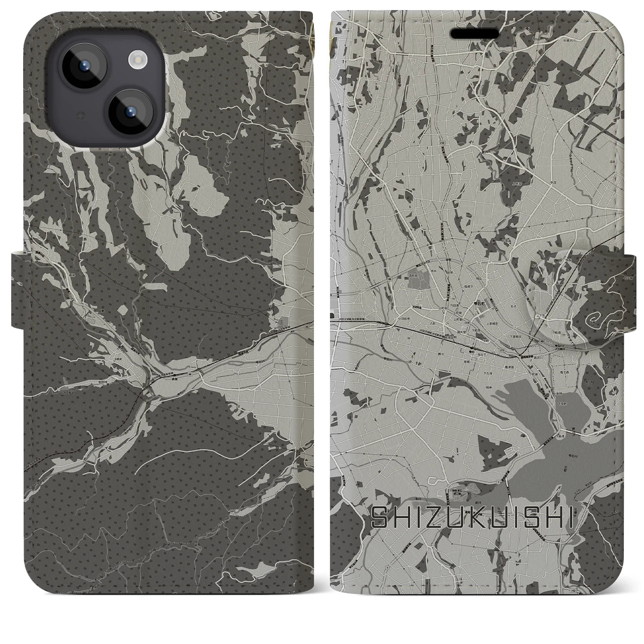 【雫石(岩手県)】地図柄iPhoneケース(手帳タイプ)モノトーン・iPhone 14 Plus 用