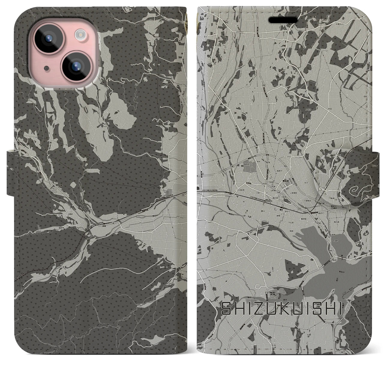【雫石(岩手県)】地図柄iPhoneケース(手帳タイプ)モノトーン・iPhone 15 Plus 用