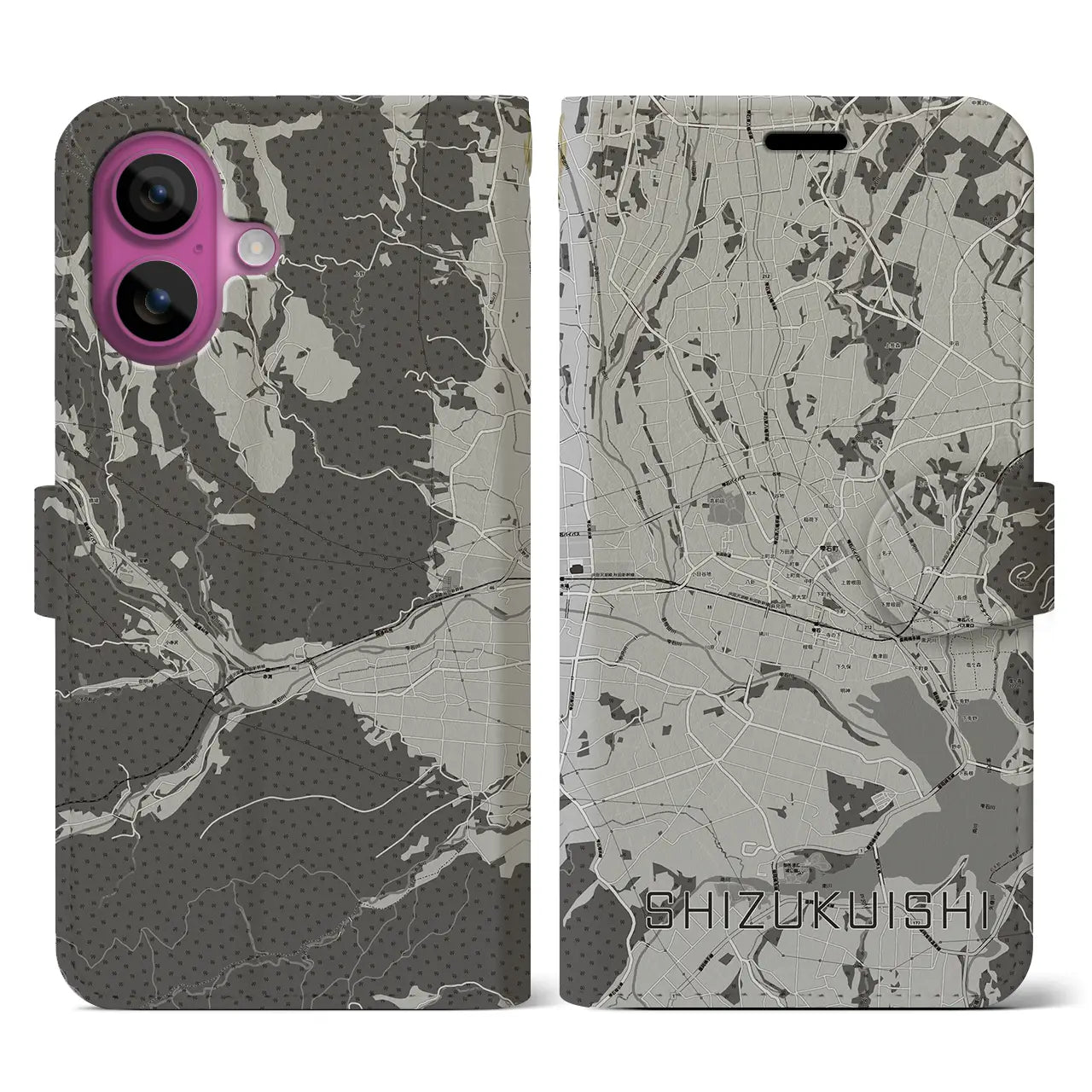 【雫石(岩手県)】地図柄iPhoneケース(手帳タイプ)モノトーン・iPhone 16 Pro 用