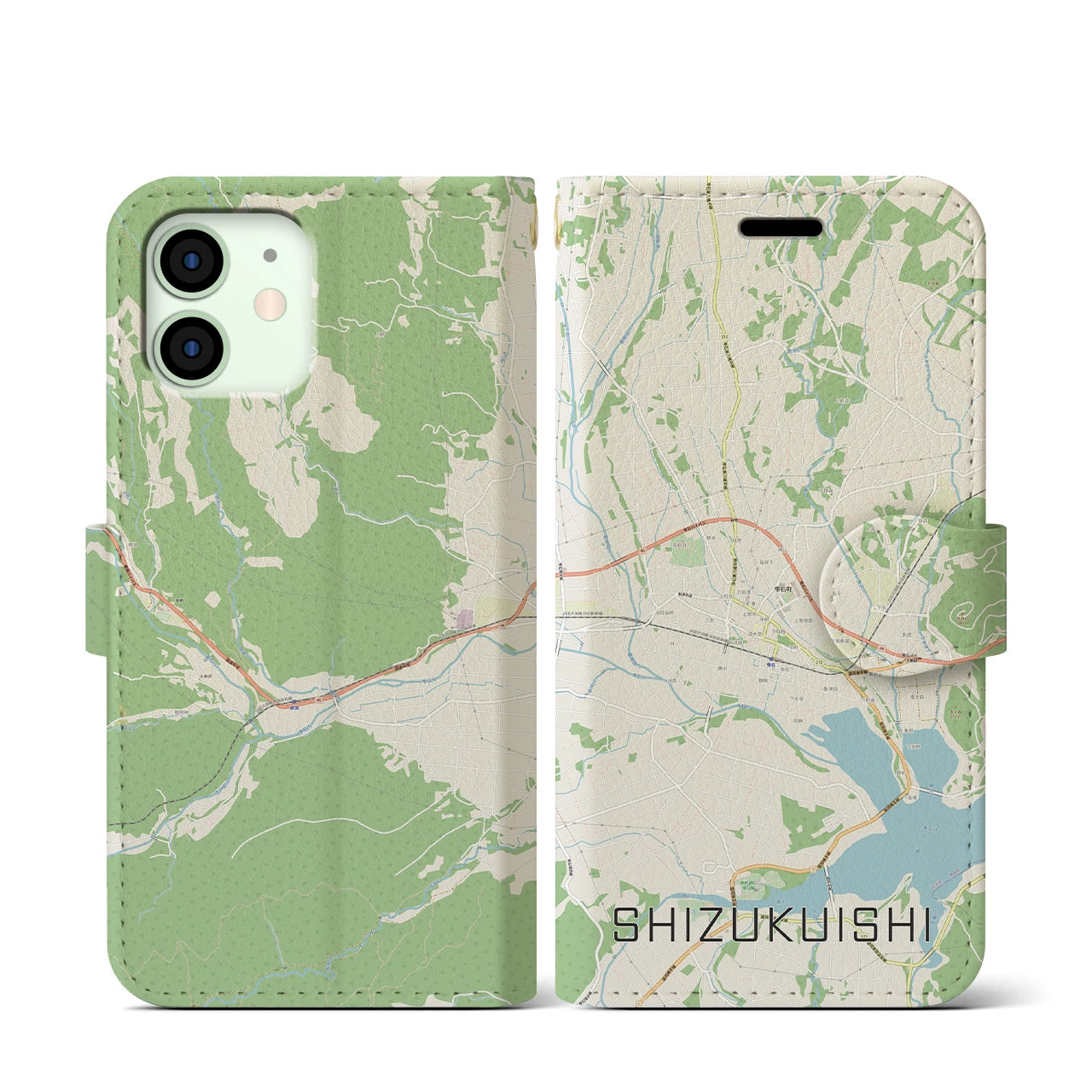 【雫石(岩手県)】地図柄iPhoneケース(手帳タイプ)ナチュラル・iPhone 12 mini 用