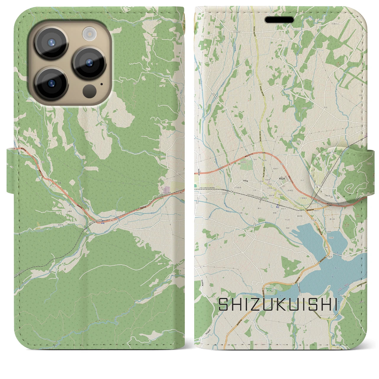 【雫石(岩手県)】地図柄iPhoneケース(手帳タイプ)ナチュラル・iPhone 14 Pro Max 用