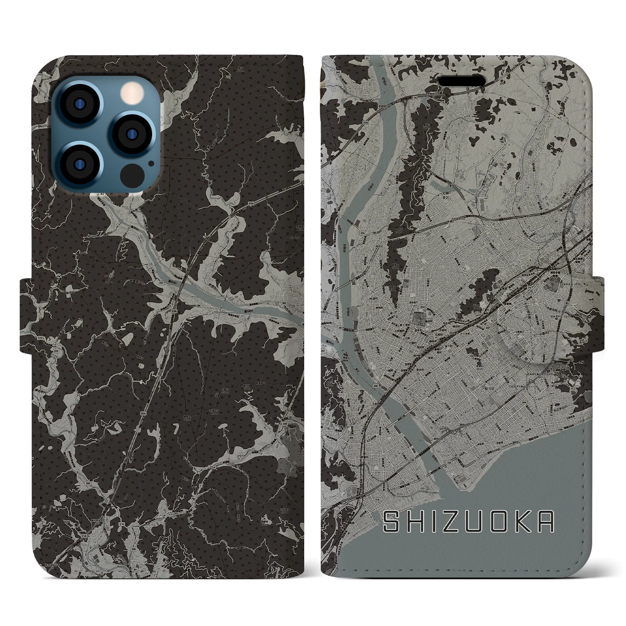 【静岡(静岡県)】地図柄iPhoneケース(手帳タイプ)モノトーン・iPhone 12 / 12 Pro 用