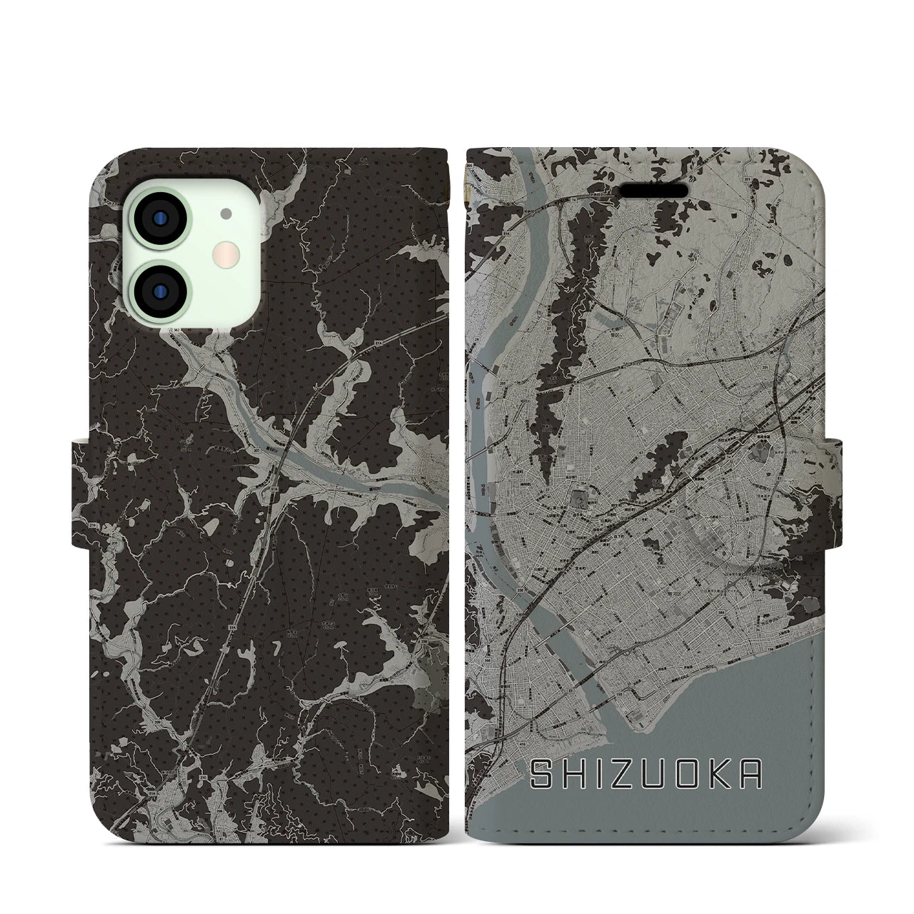 【静岡(静岡県)】地図柄iPhoneケース(手帳タイプ)モノトーン・iPhone 12 mini 用