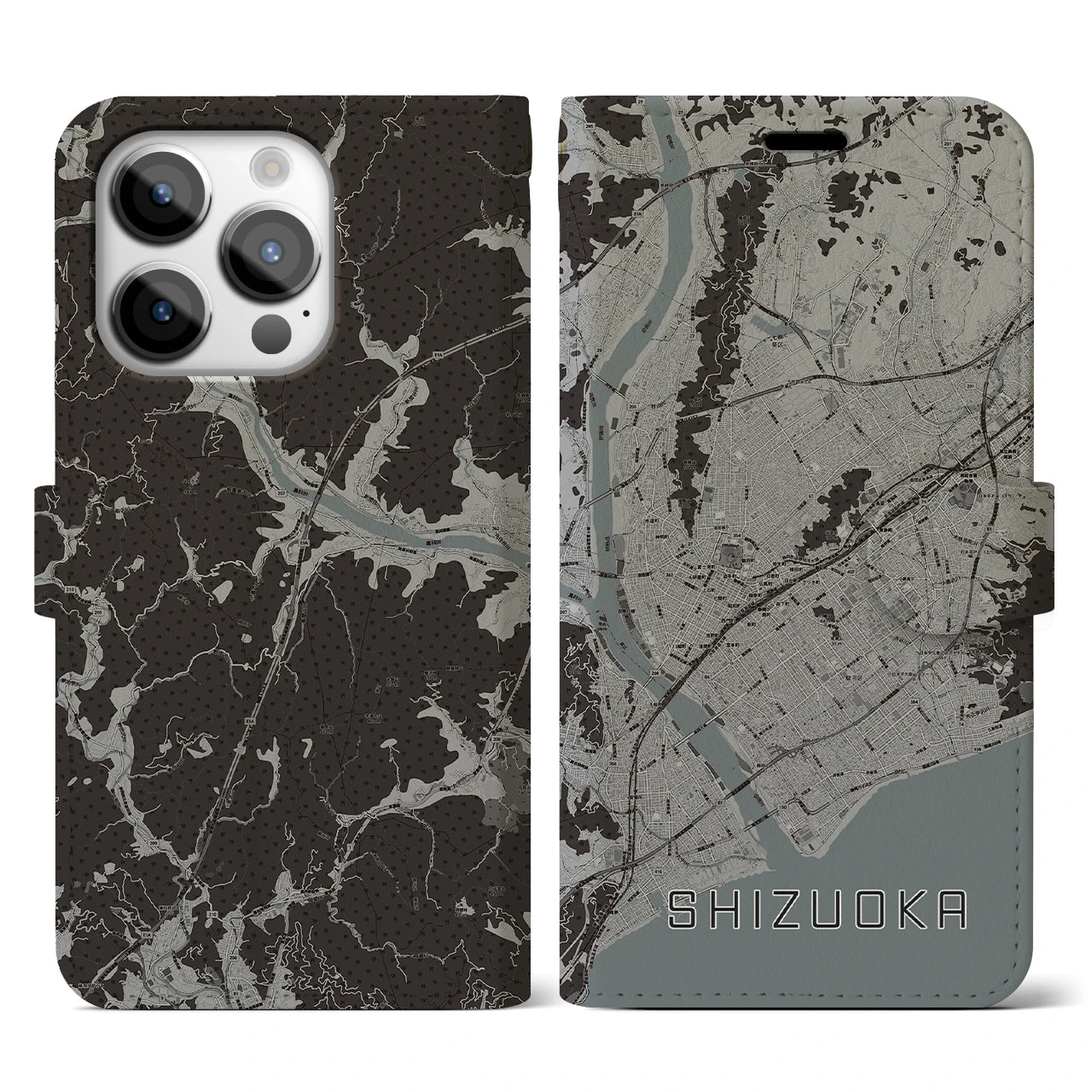 【静岡(静岡県)】地図柄iPhoneケース(手帳タイプ)モノトーン・iPhone 14 Pro 用