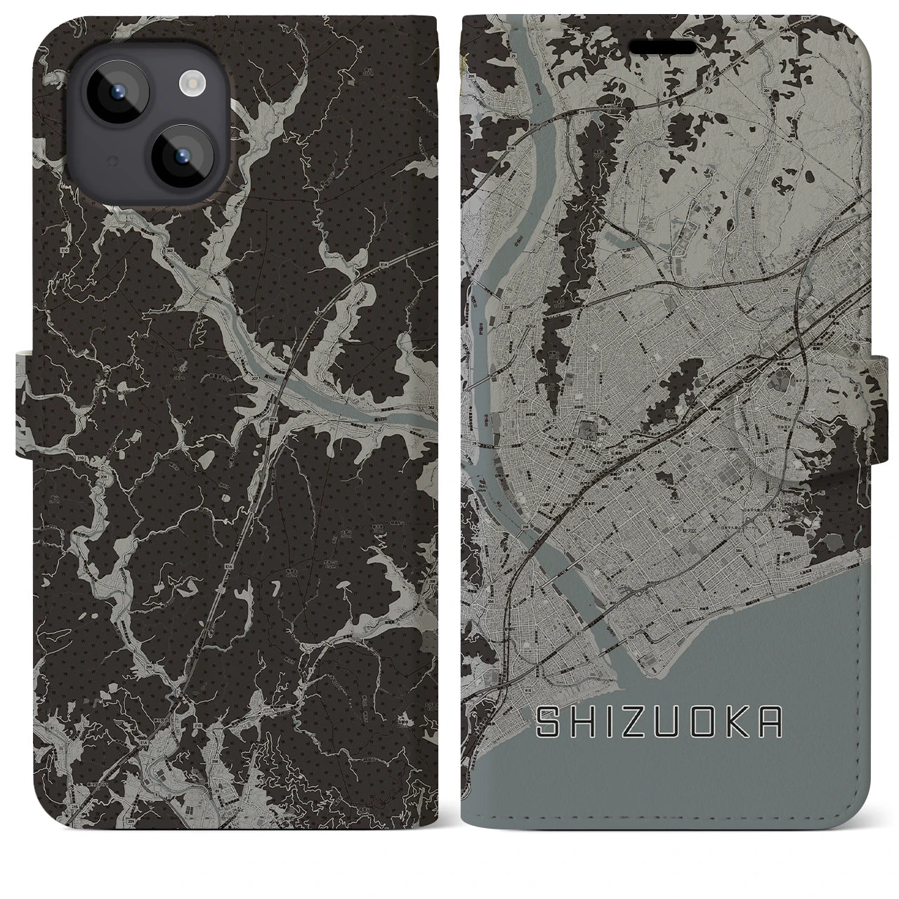 【静岡(静岡県)】地図柄iPhoneケース(手帳タイプ)モノトーン・iPhone 14 Plus 用