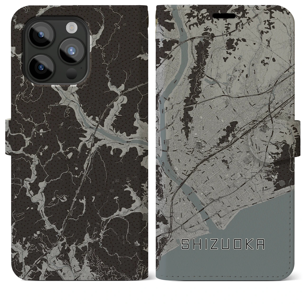 【静岡(静岡県)】地図柄iPhoneケース(手帳タイプ)モノトーン・iPhone 15 Pro Max 用