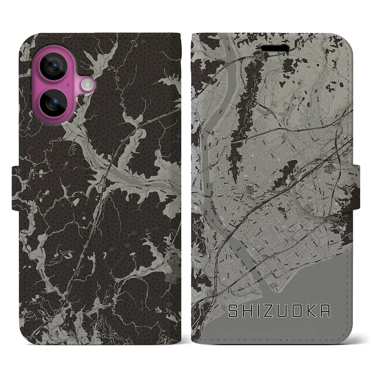 【静岡(静岡県)】地図柄iPhoneケース(手帳タイプ)モノトーン・iPhone 16 Pro 用