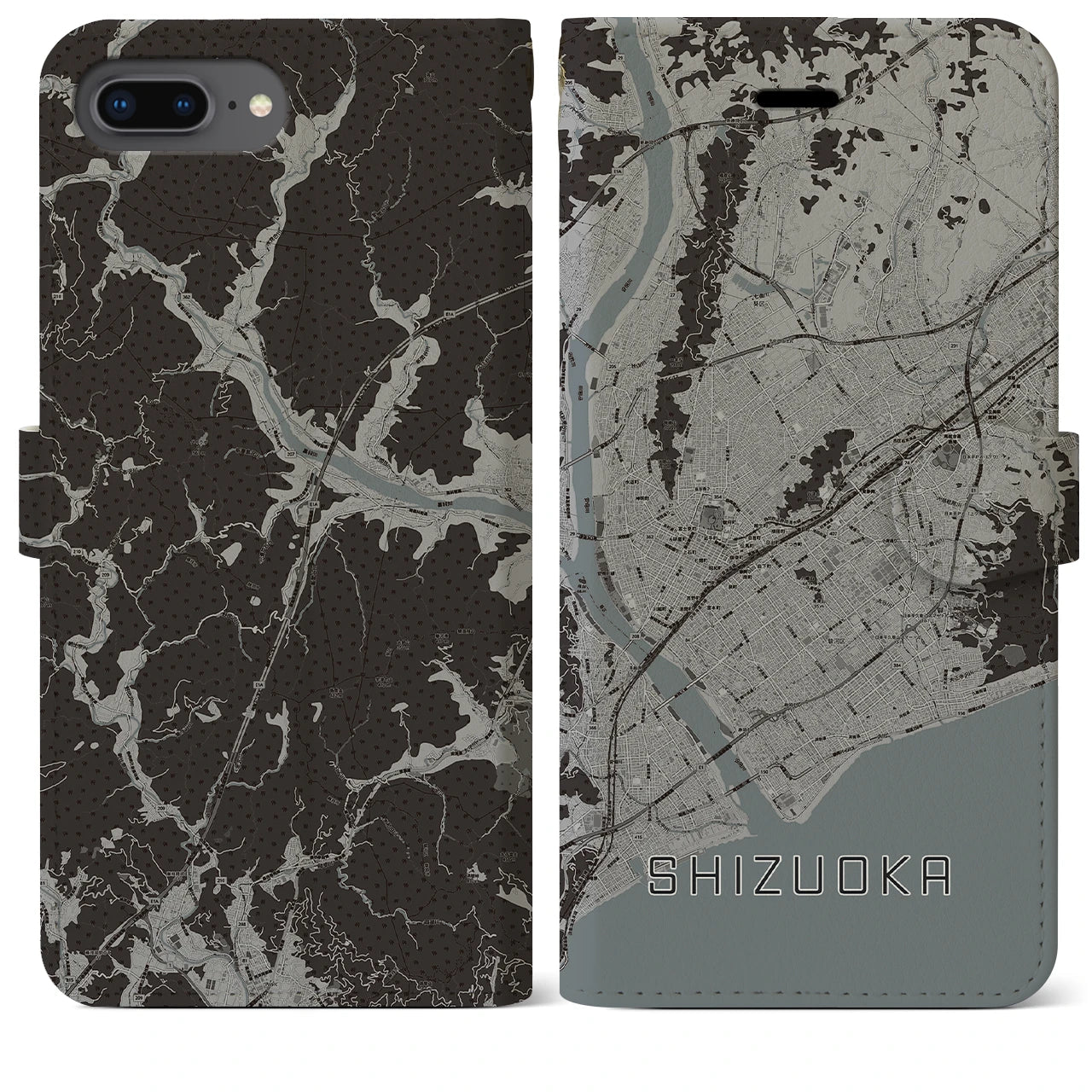 【静岡(静岡県)】地図柄iPhoneケース(手帳タイプ)モノトーン・iPhone 8Plus /7Plus / 6sPlus / 6Plus 用