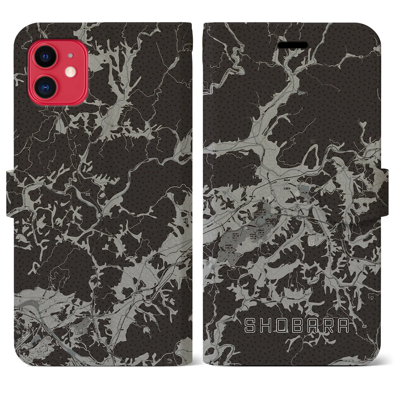 【庄原(広島県)】地図柄iPhoneケース(手帳タイプ)モノトーン・iPhone 11 用