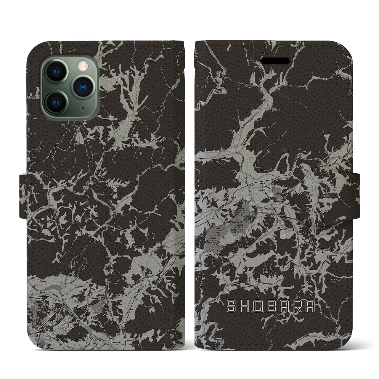 【庄原(広島県)】地図柄iPhoneケース(手帳タイプ)モノトーン・iPhone 11 Pro 用