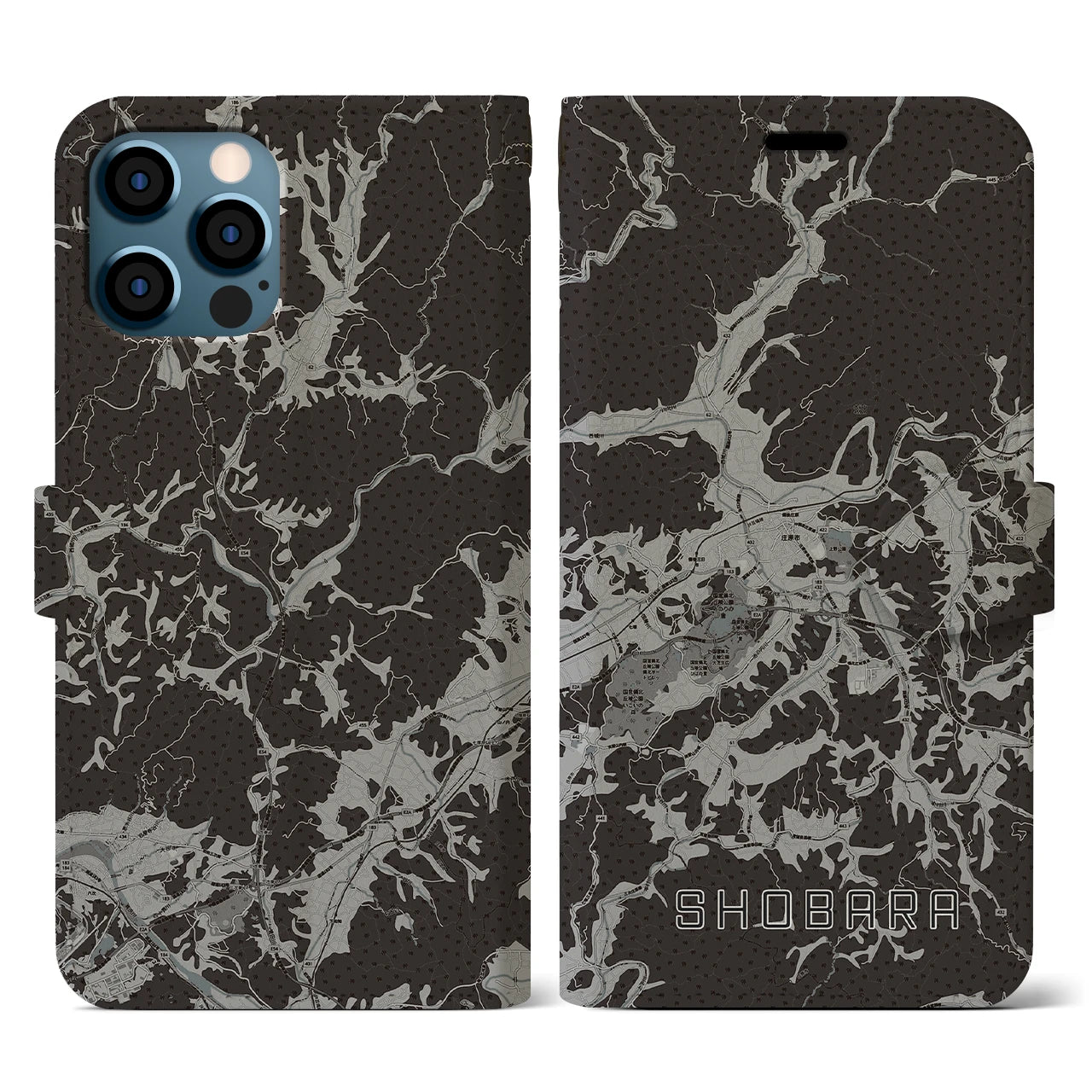 【庄原(広島県)】地図柄iPhoneケース(手帳タイプ)モノトーン・iPhone 12 / 12 Pro 用