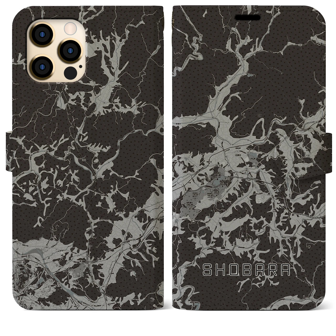 【庄原(広島県)】地図柄iPhoneケース(手帳タイプ)モノトーン・iPhone 12 Pro Max 用