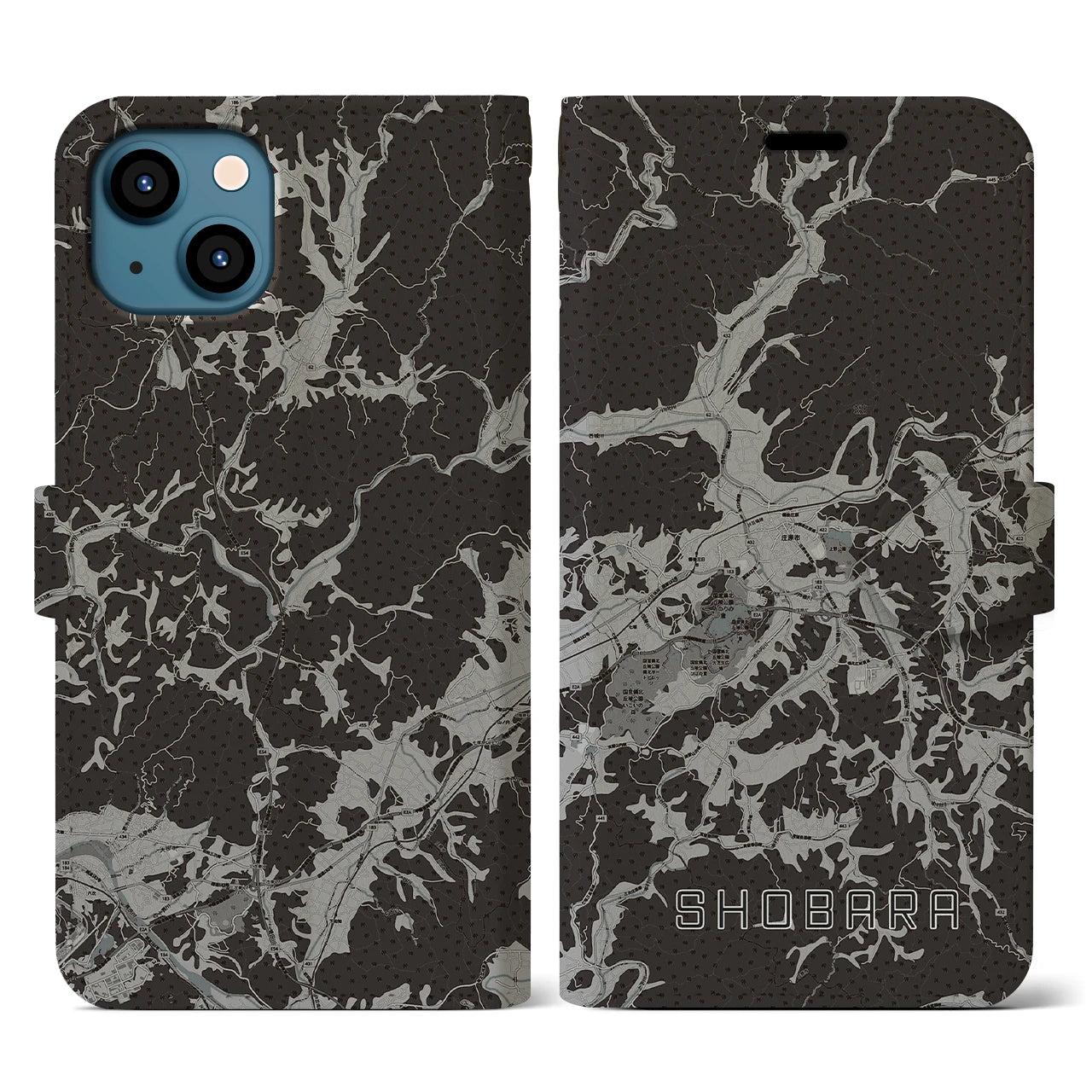 【庄原(広島県)】地図柄iPhoneケース(手帳タイプ)モノトーン・iPhone 13 用