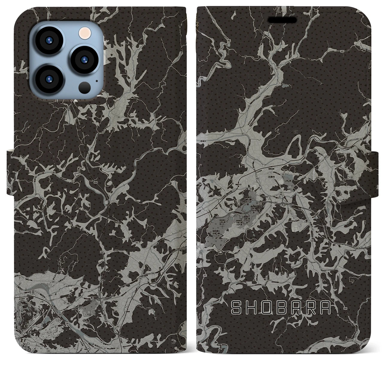 【庄原(広島県)】地図柄iPhoneケース(手帳タイプ)モノトーン・iPhone 13 Pro Max 用