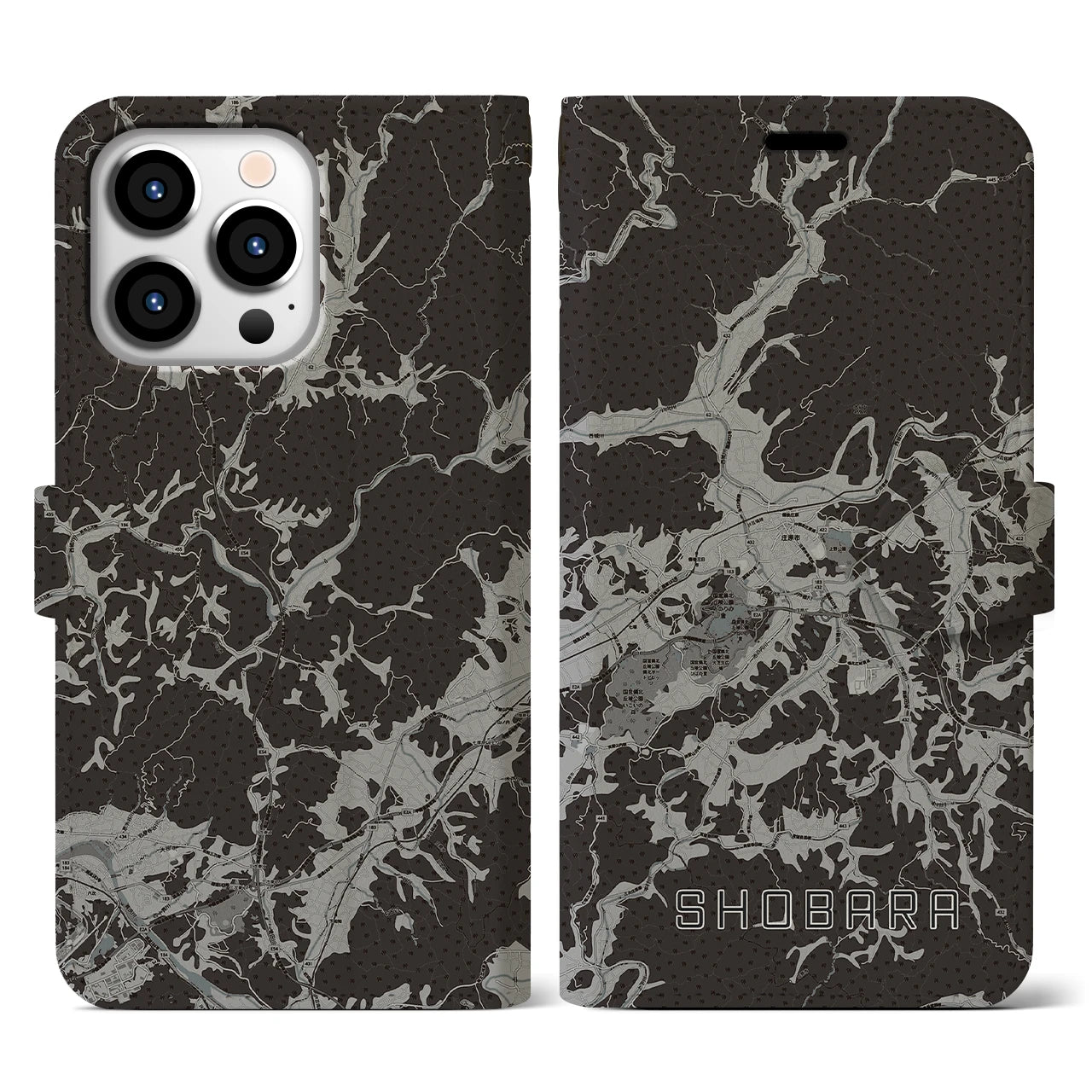 【庄原(広島県)】地図柄iPhoneケース(手帳タイプ)モノトーン・iPhone 13 Pro 用