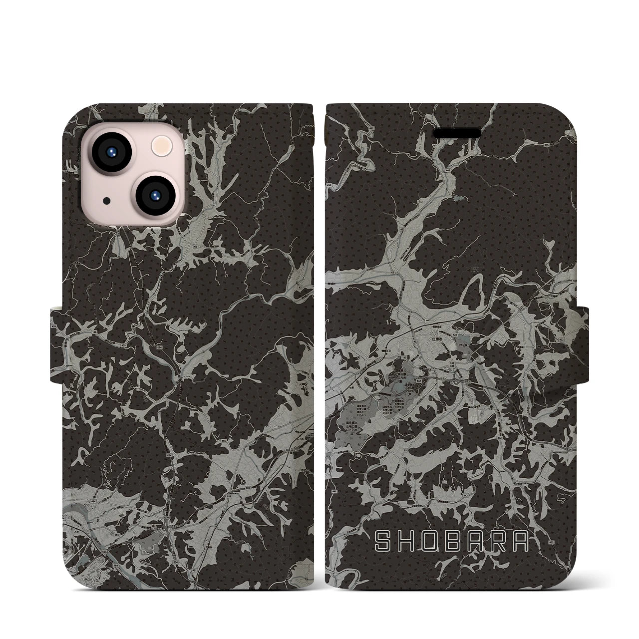 【庄原(広島県)】地図柄iPhoneケース(手帳タイプ)モノトーン・iPhone 13 mini 用