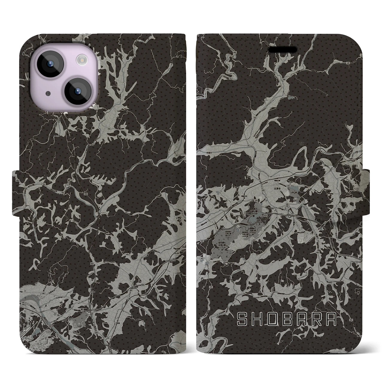 【庄原(広島県)】地図柄iPhoneケース(手帳タイプ)モノトーン・iPhone 14 用