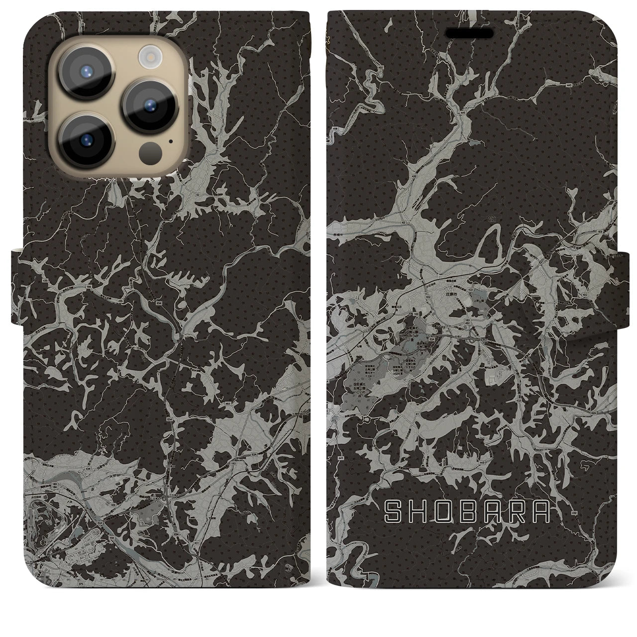 【庄原(広島県)】地図柄iPhoneケース(手帳タイプ)モノトーン・iPhone 14 Pro Max 用