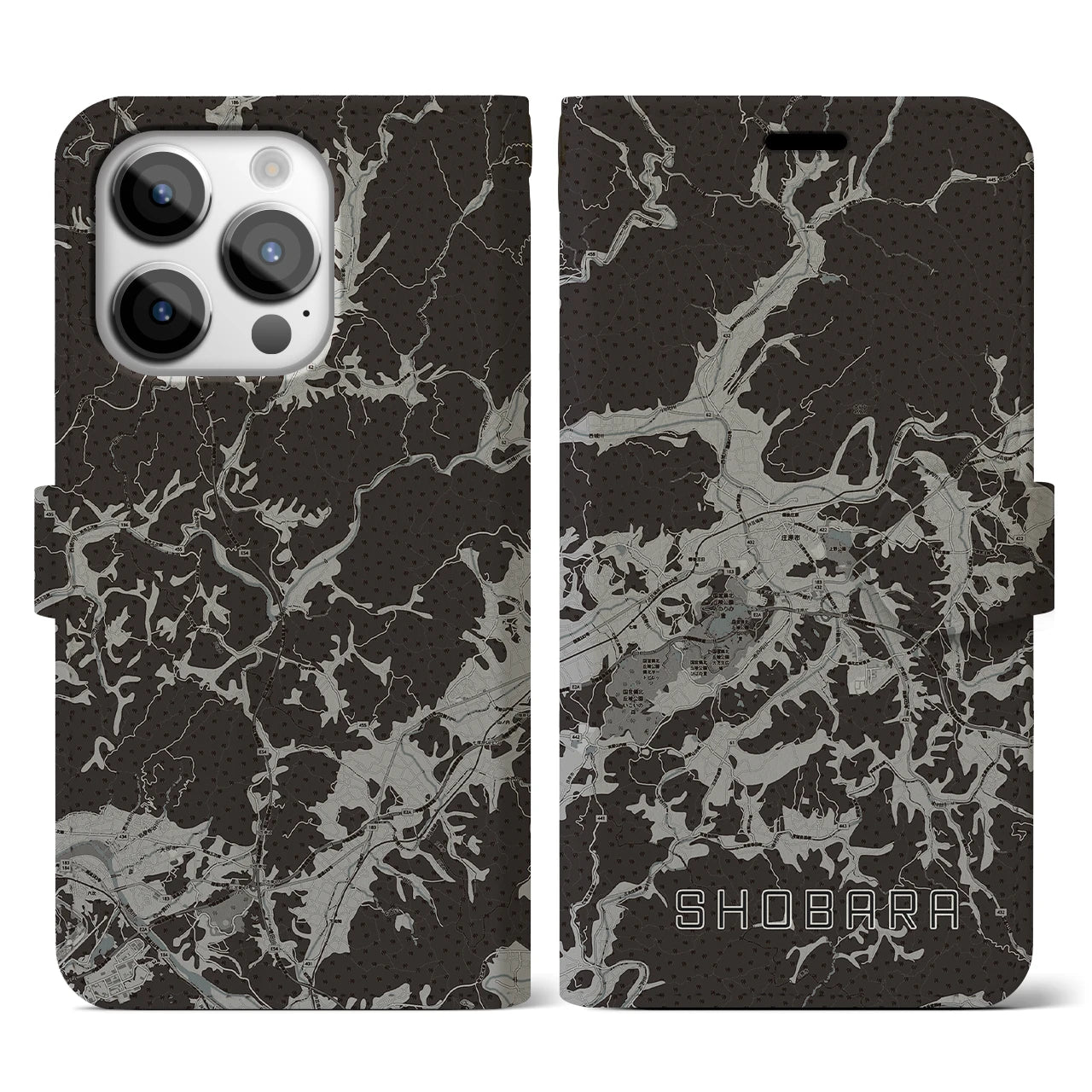 【庄原(広島県)】地図柄iPhoneケース(手帳タイプ)モノトーン・iPhone 14 Pro 用