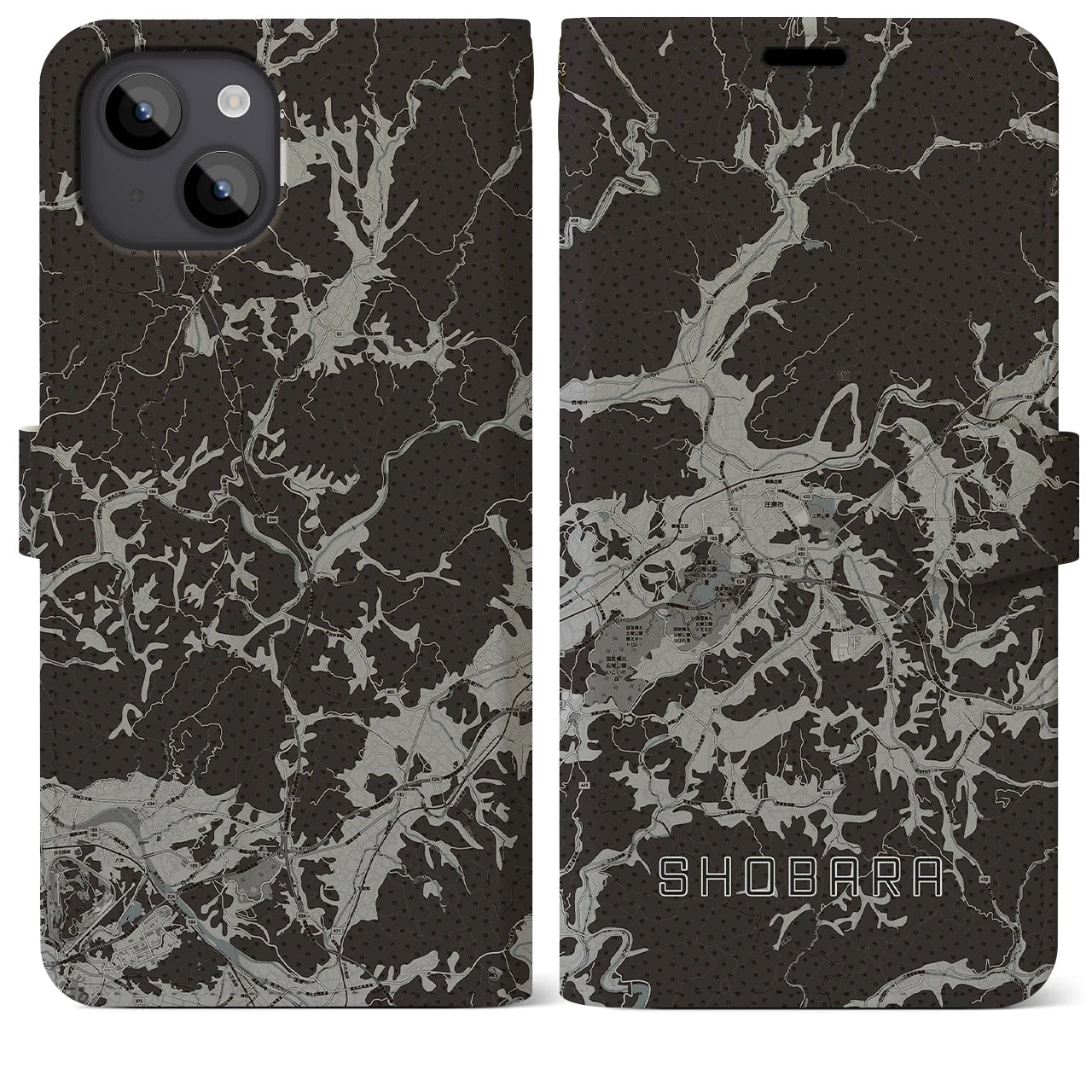 【庄原(広島県)】地図柄iPhoneケース(手帳タイプ)モノトーン・iPhone 14 Plus 用