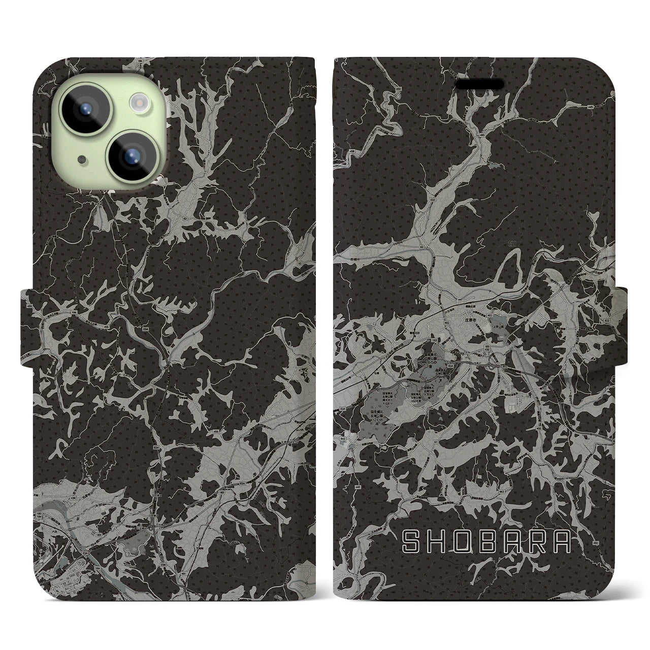 【庄原(広島県)】地図柄iPhoneケース(手帳タイプ)モノトーン・iPhone 15 用