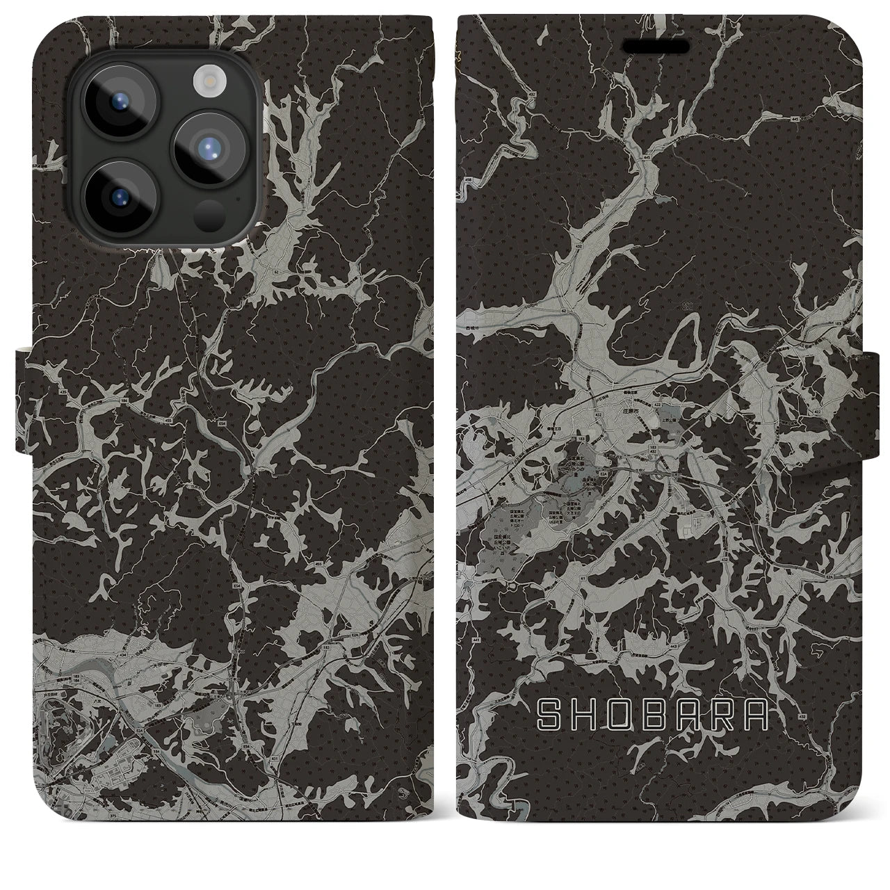 【庄原(広島県)】地図柄iPhoneケース(手帳タイプ)モノトーン・iPhone 15 Pro Max 用