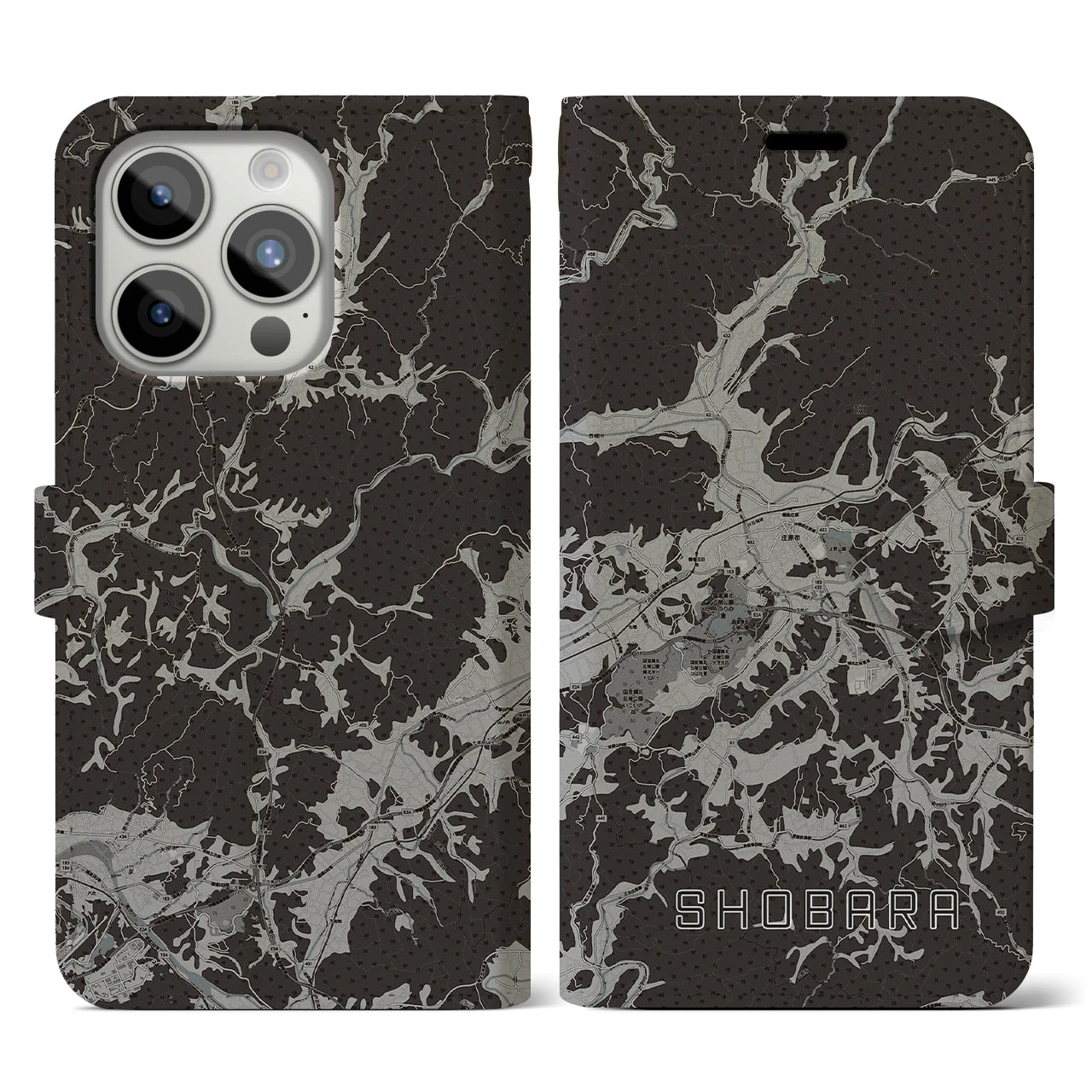 【庄原(広島県)】地図柄iPhoneケース(手帳タイプ)モノトーン・iPhone 15 Pro 用