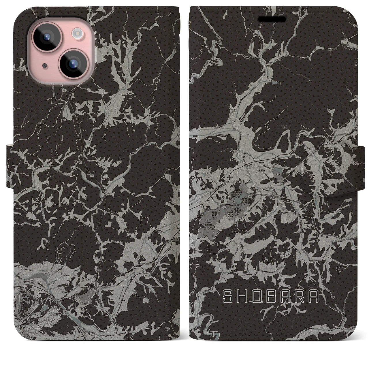 【庄原(広島県)】地図柄iPhoneケース(手帳タイプ)モノトーン・iPhone 15 Plus 用