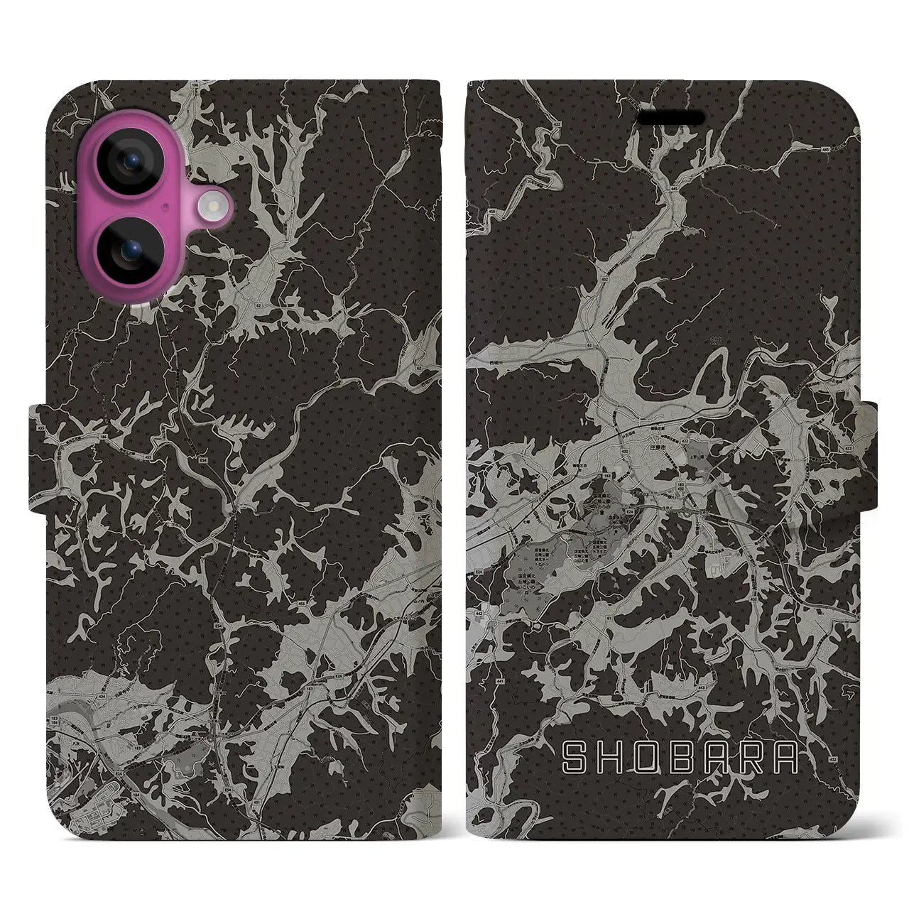 【庄原(広島県)】地図柄iPhoneケース(手帳タイプ)モノトーン・iPhone 16 Pro 用