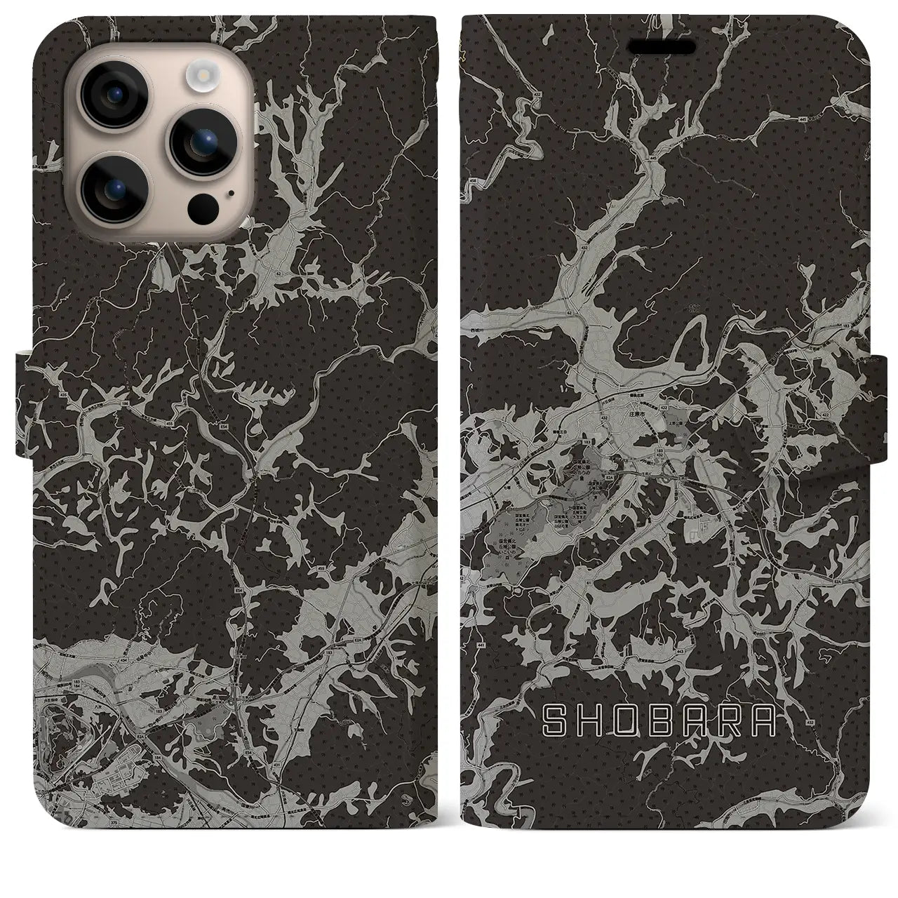 【庄原(広島県)】地図柄iPhoneケース(手帳タイプ)モノトーン・iPhone 16 Plus 用