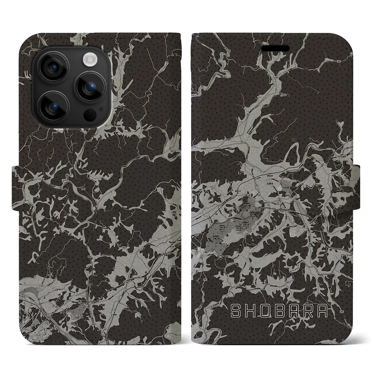 【庄原(広島県)】地図柄iPhoneケース(手帳タイプ)モノトーン・iPhone 16 用