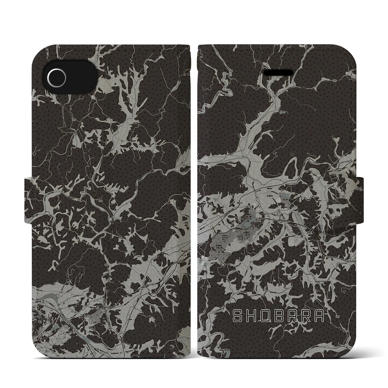 【庄原(広島県)】地図柄iPhoneケース(手帳タイプ)モノトーン・iPhone SE(第3 / 第2世代) / 8 / 7 / 6s / 6 用