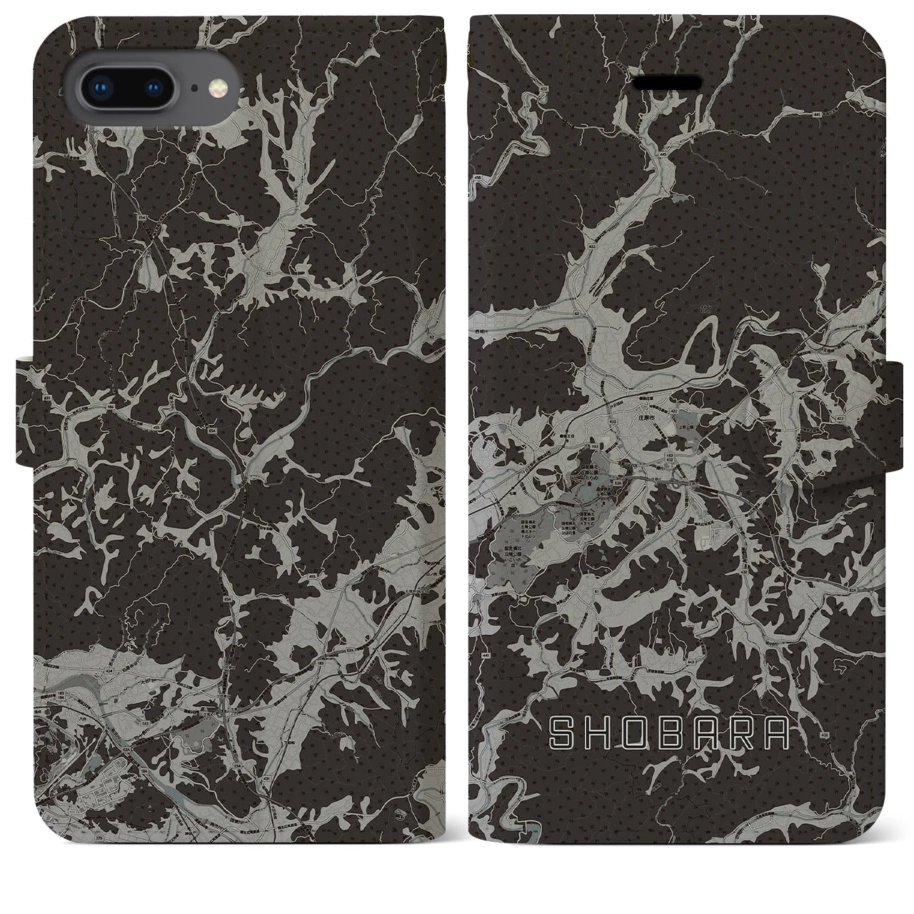 【庄原(広島県)】地図柄iPhoneケース(手帳タイプ)モノトーン・iPhone 8Plus /7Plus / 6sPlus / 6Plus 用