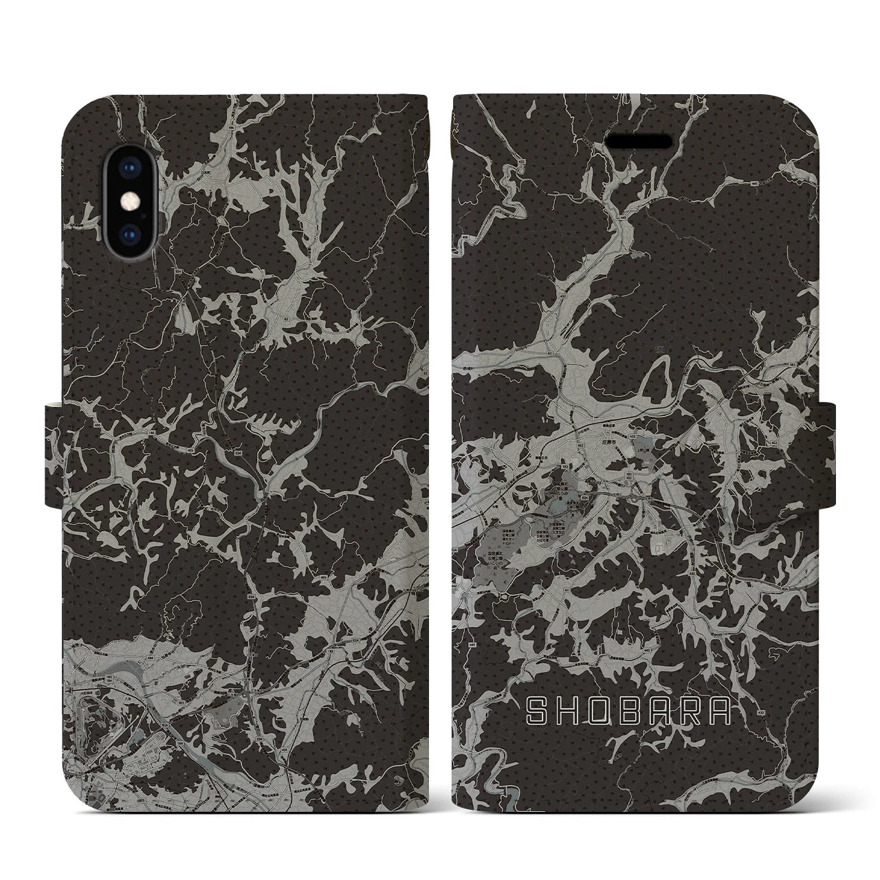 【庄原(広島県)】地図柄iPhoneケース(手帳タイプ)モノトーン・iPhone XS / X 用