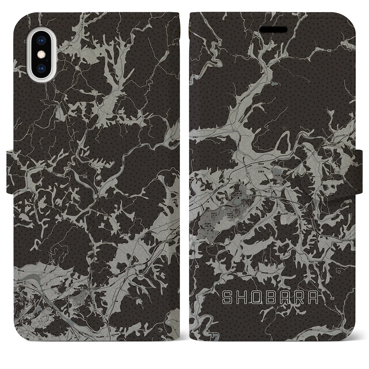 【庄原(広島県)】地図柄iPhoneケース(手帳タイプ)モノトーン・iPhone XS Max 用