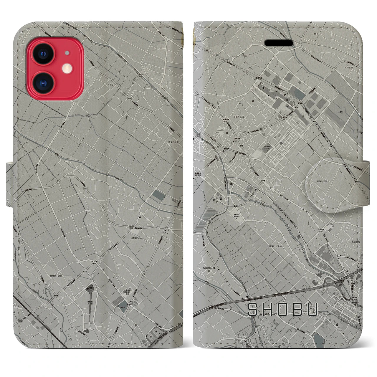 【菖蒲(埼玉県)】地図柄iPhoneケース(手帳タイプ)モノトーン・iPhone 11 用