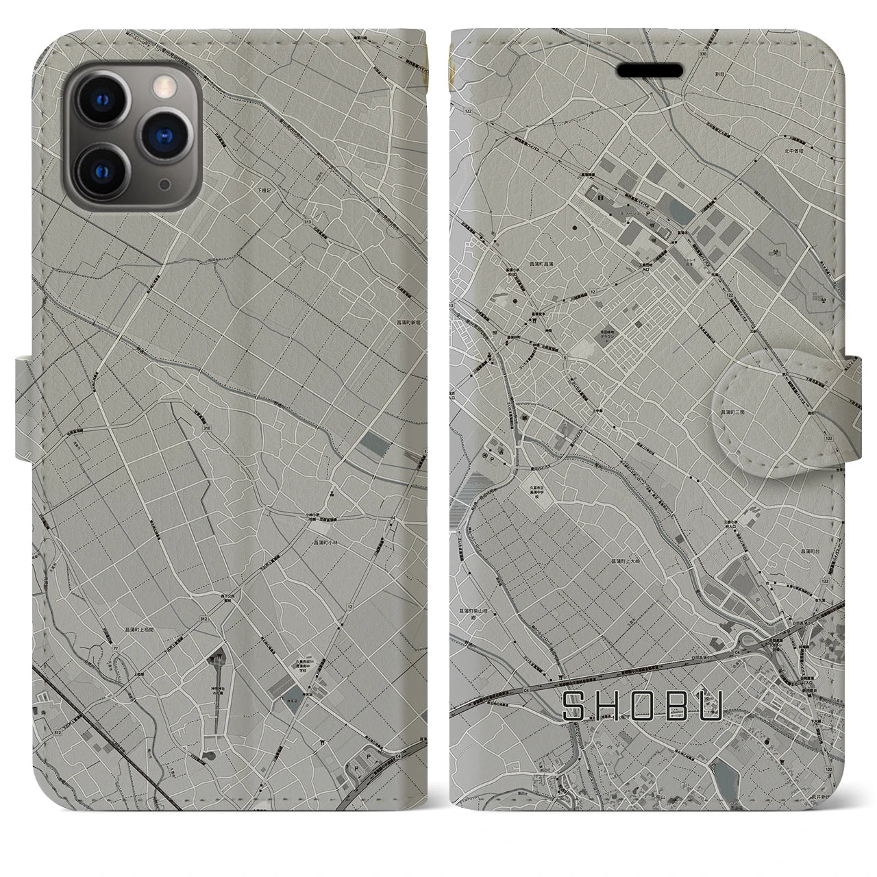 【菖蒲(埼玉県)】地図柄iPhoneケース(手帳タイプ)モノトーン・iPhone 11 Pro Max 用
