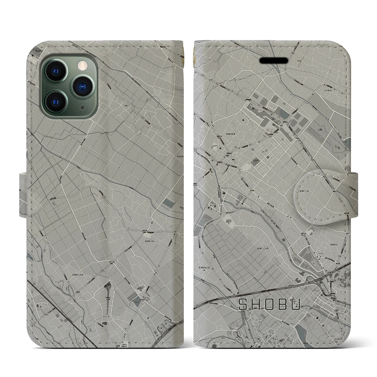【菖蒲(埼玉県)】地図柄iPhoneケース(手帳タイプ)モノトーン・iPhone 11 Pro 用